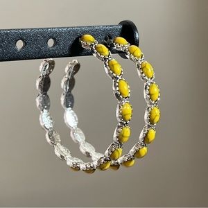 Retro Inlaid Yellow Turquoise Silver Tone Stud Hoop Earrings